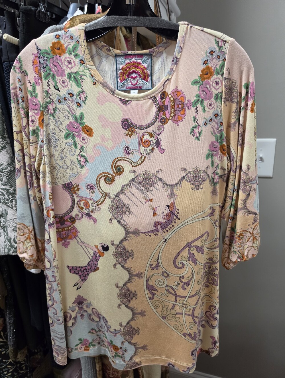 Johnny Was Ivory & Pink Floral Scroll Printed Women's Top